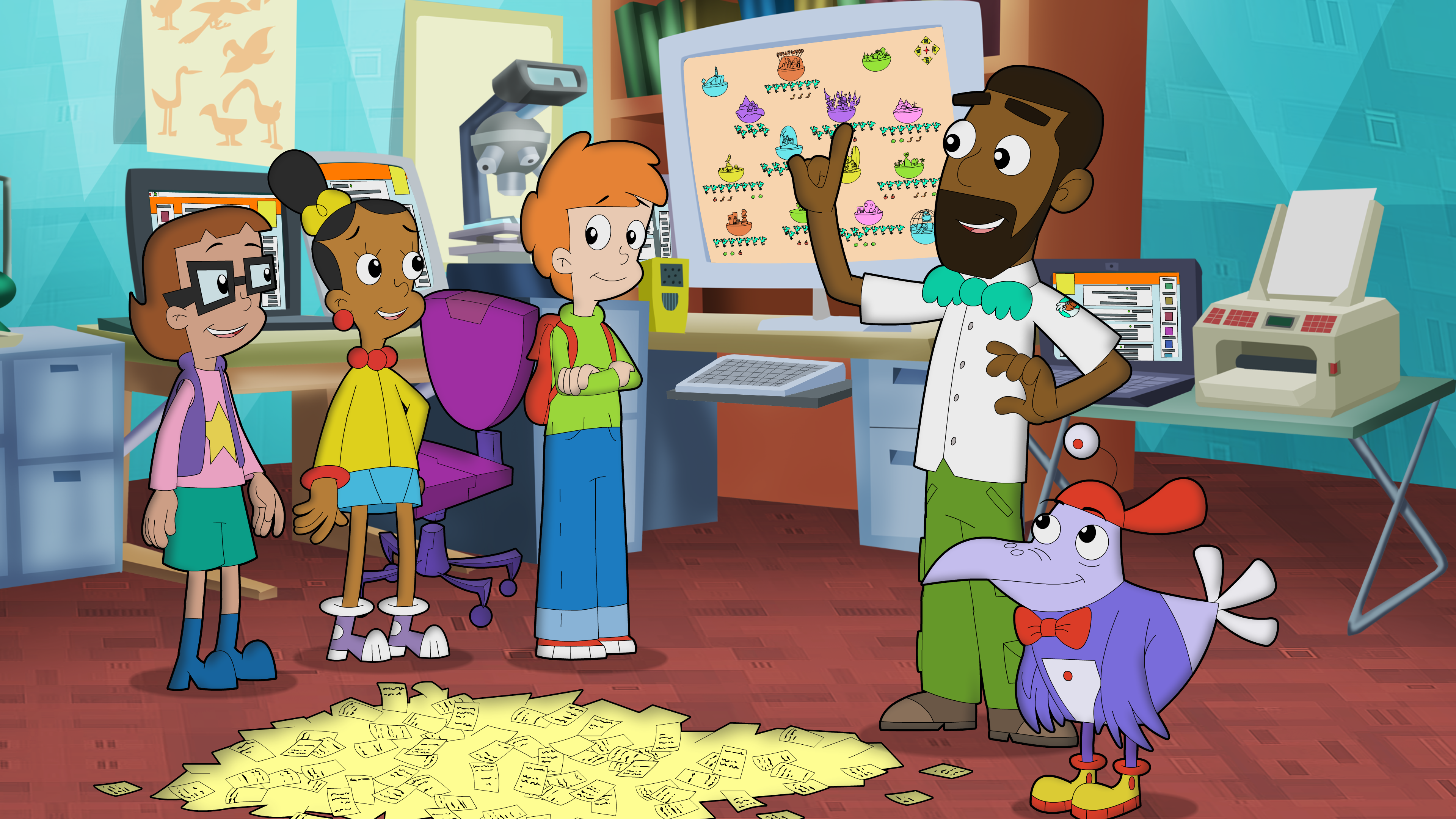 Professor Bobson, an expert in rare birds, shows the CyberSquad how to organize and analyze data from citizen scientists in Cyberchase’s “The Migration Situation.” Image courtesy of THIRTEEN Productions LLC.