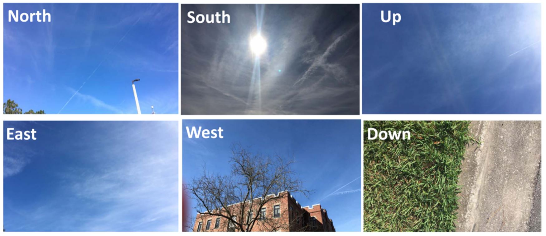 A grid of six photos. Five show the sky from different angles, and one shows the ground.