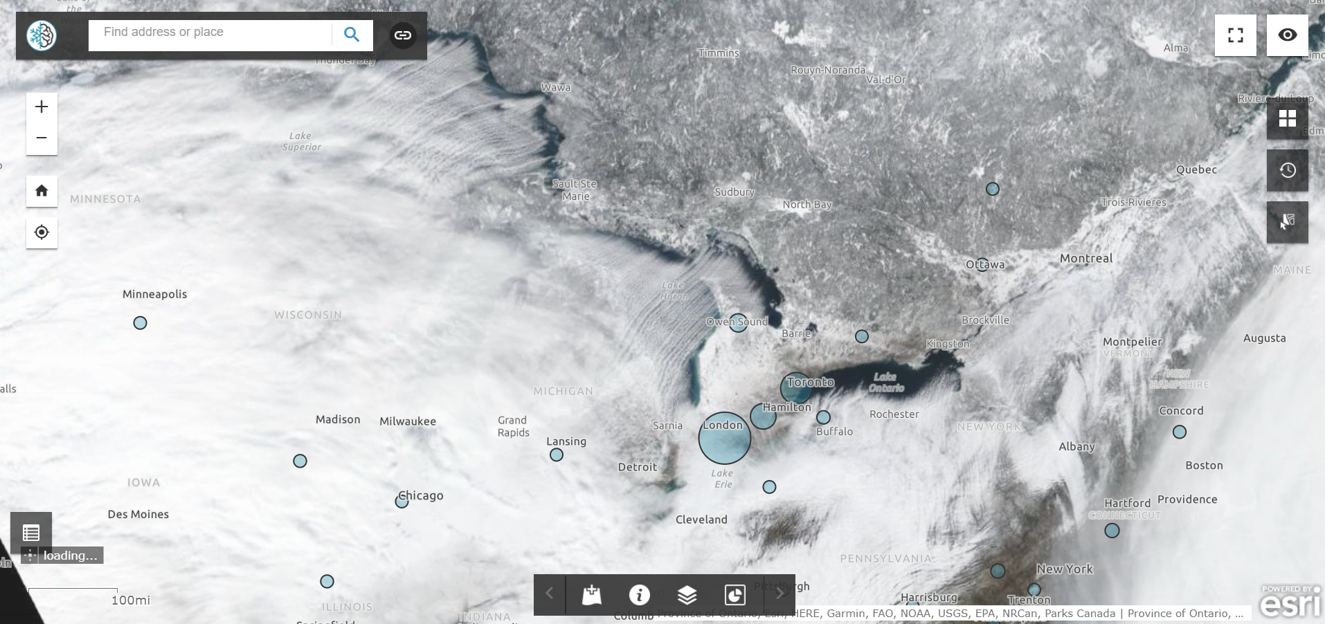A screenshot from the Sknowledge Collective interactive map taken on January 14th, 2022 displaying participant observations (blue circles) over a snow-covered Ontario, Canada.