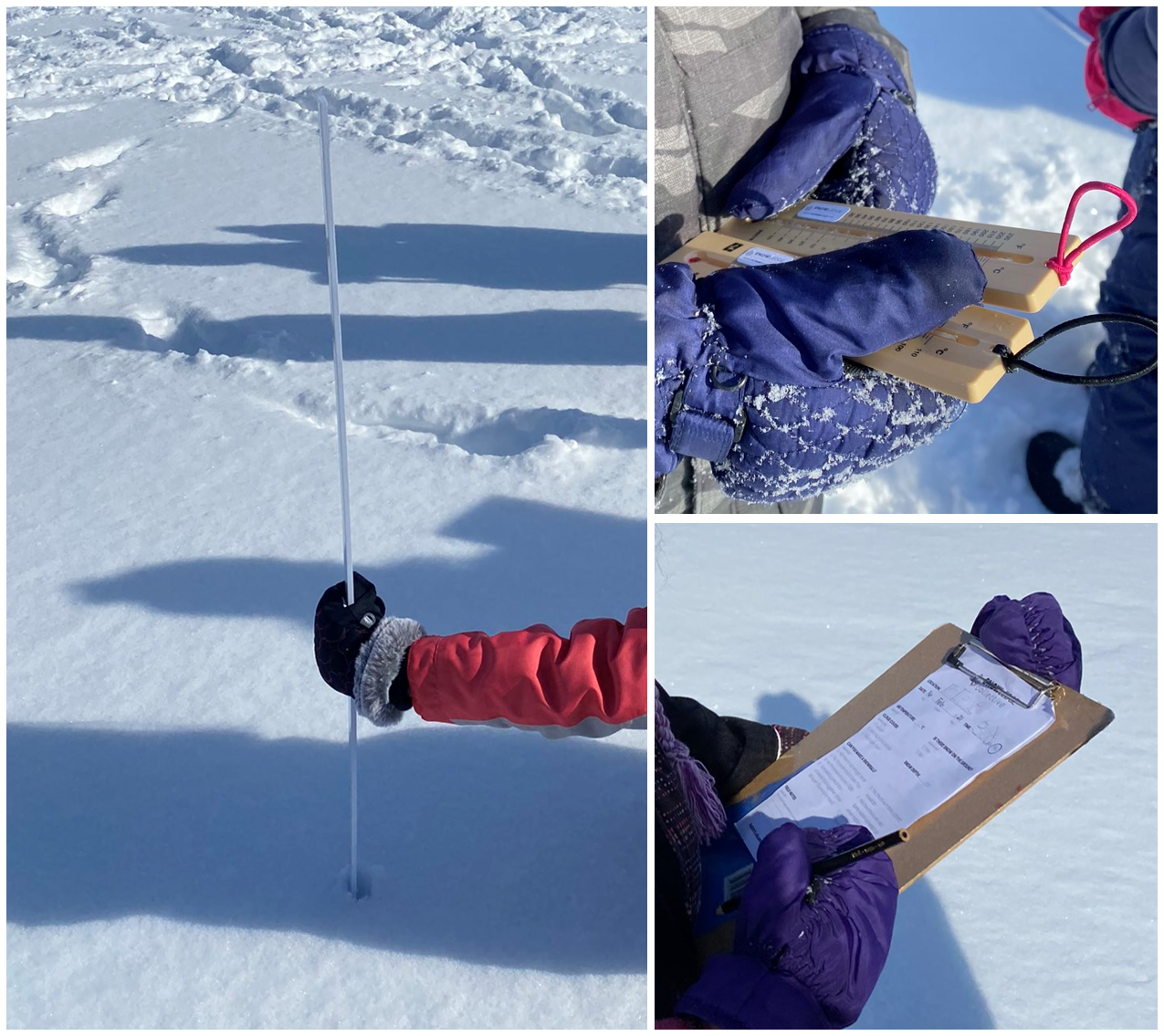 Three photos show students collecting snow depth measurements using a meter stick, thermometer and recording observations on a clipboard.