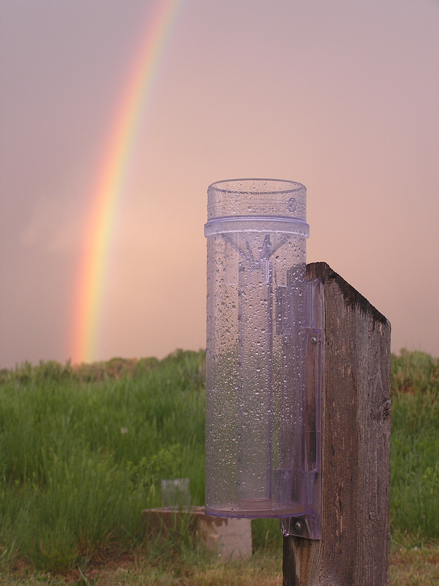 rain gauge for CoCoRaHS with a rainbow in the background