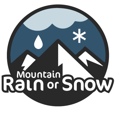 A logo with three mountains, a cloud, a raindrop, a snowflake, and the words Mountain Rain or Snow.