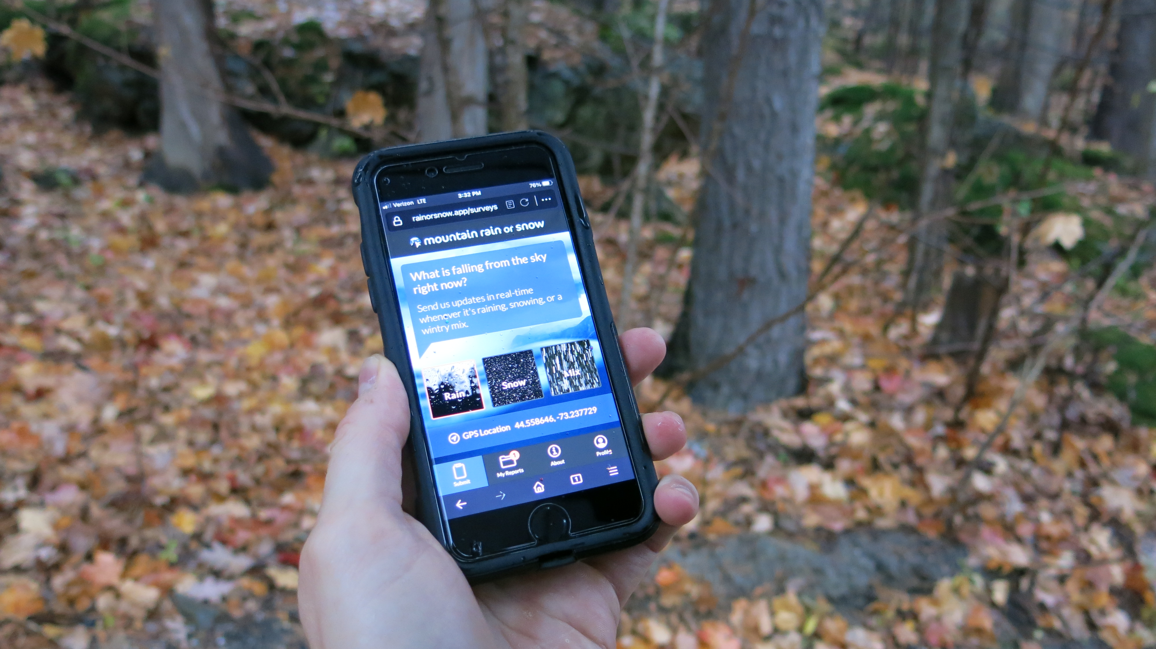 A hand holding a smartphone in the woods. On screen is the Mountain Rain or Snow website.