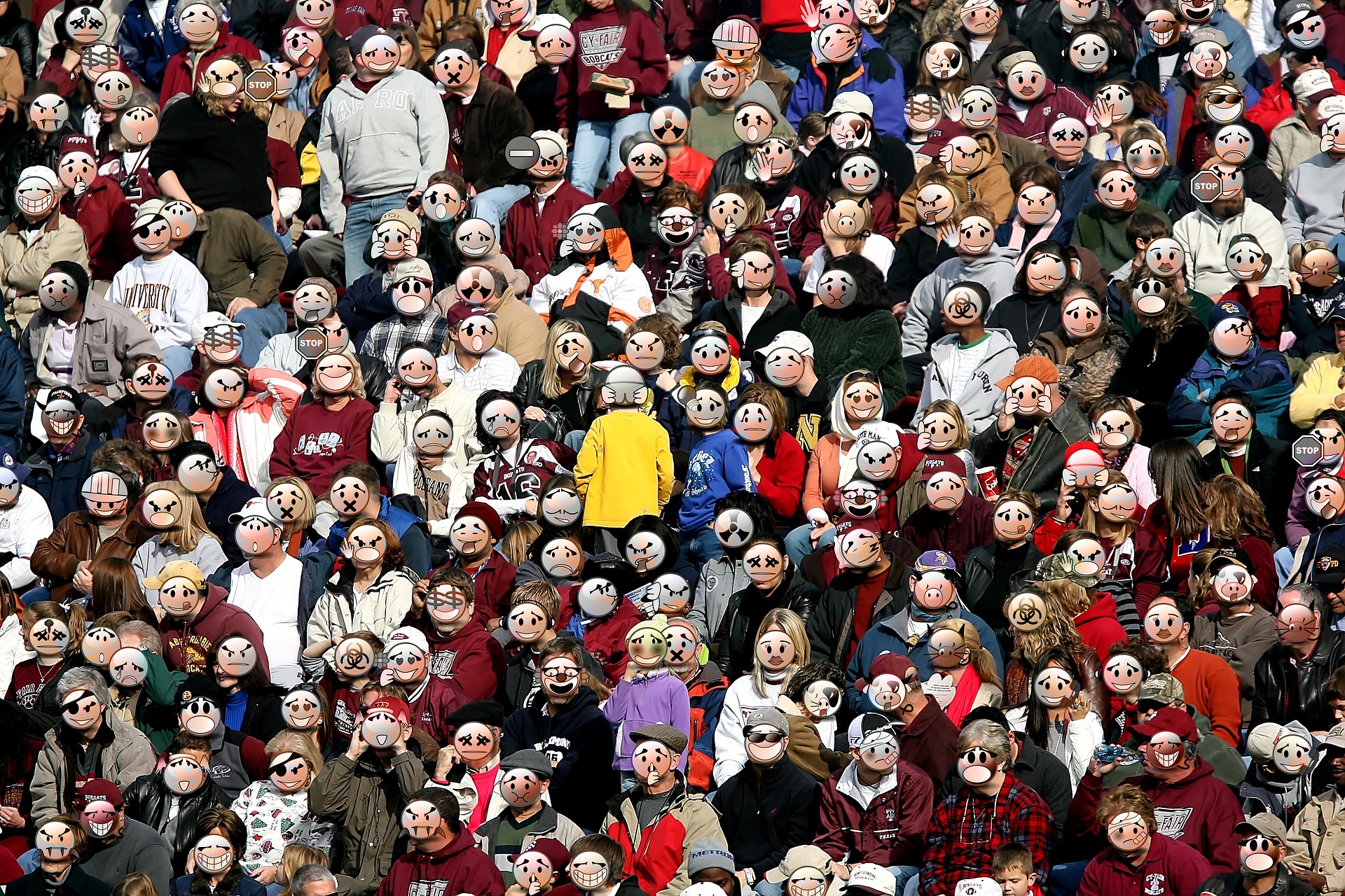 Photo of crowd, with emoticons superimposed on faces