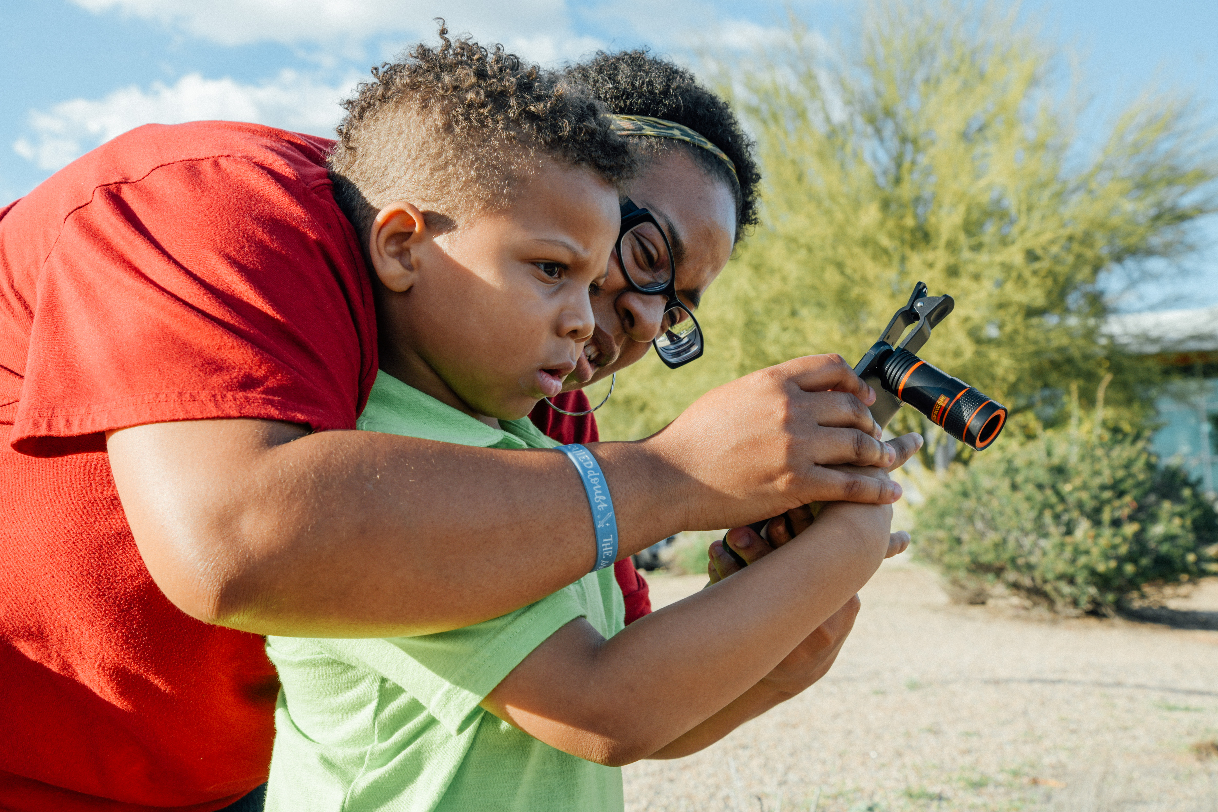 A mother and son doing citizen science.
