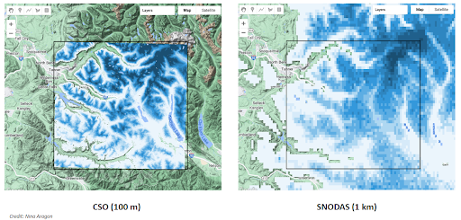 Two side-by-side aerial maps showing snow depth in a mountainous area. On the left, the map is generated by CSO data and is at a 100 meter resolution, and looks clear. On the right, the map is generated using SNODAS data at a 1 kilometer resolution, and it looks grainy.