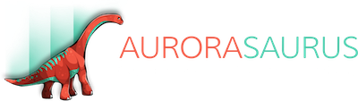 This is the logo for the Aurorasaurus project, depicting a long-necked dinosaur with glowing light, and the word Aurorasaurus.