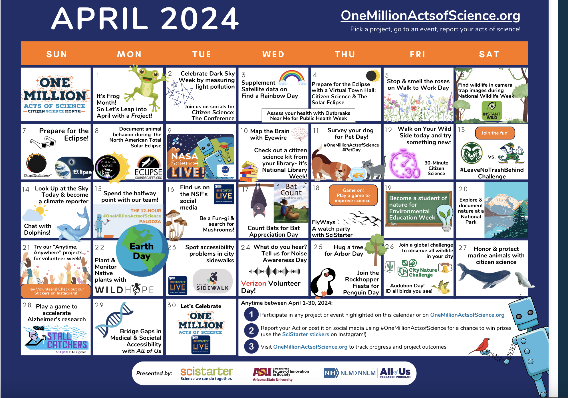 April 2024 citizen science calendar showing projects and events