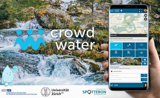 Composite image for the CrowdWater project showing a stream, images from mobile app and funding logos