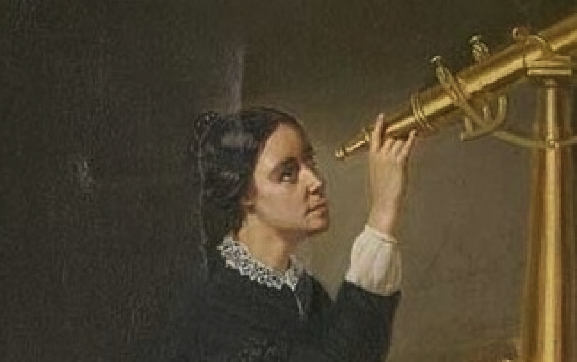 Young Maria Mitchell peering into telescope