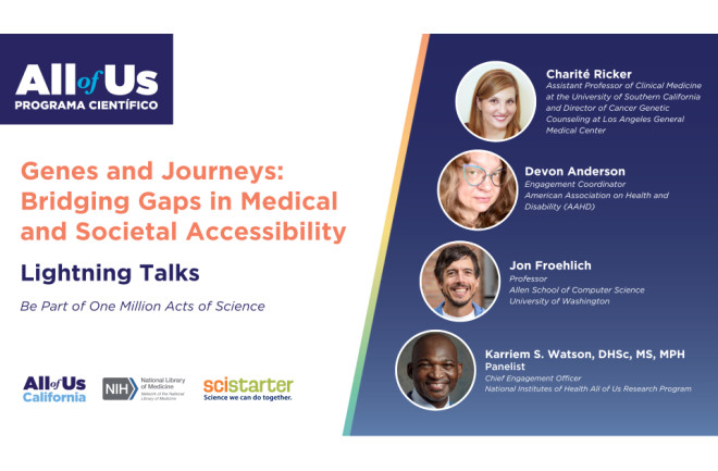 Advertisement for All of Us webinar entitled Genes and Journeys