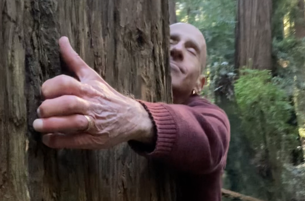 Photo of SciStarter Podcast host Bob Hirshon hugging a redwood tree