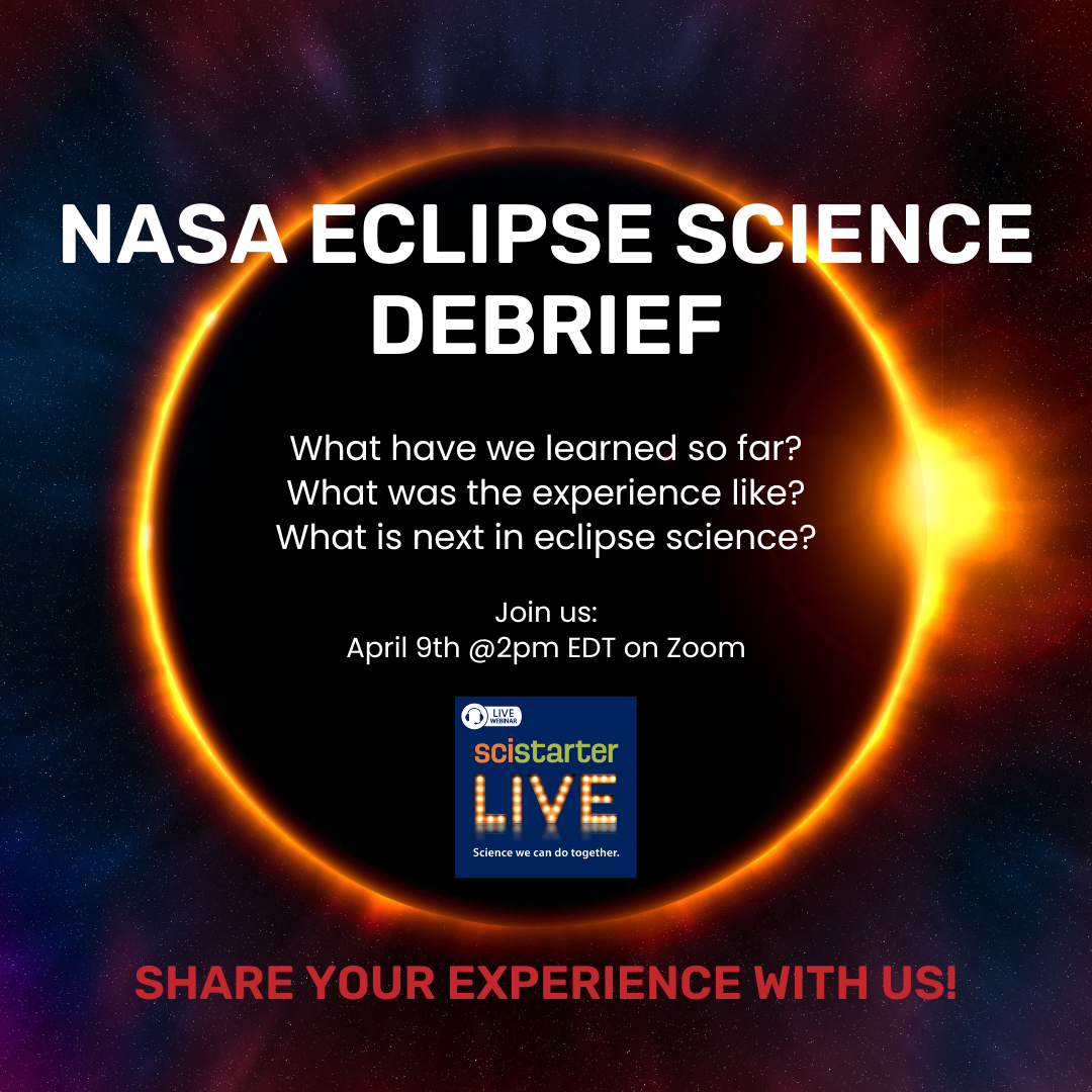 Image of solar eclipse. Text on top says NASA ECLIPSE SCIENCE DEBRIEF with additional info