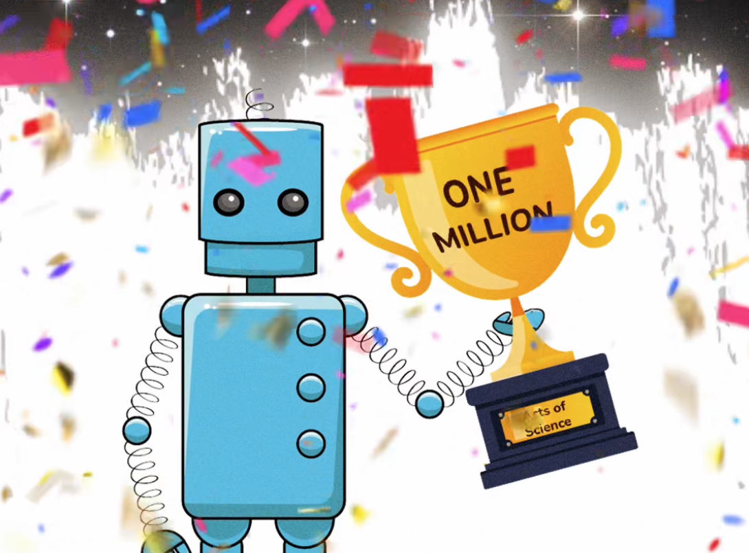 Illustration of the SciStarter robot holding a trophy reading "one million."