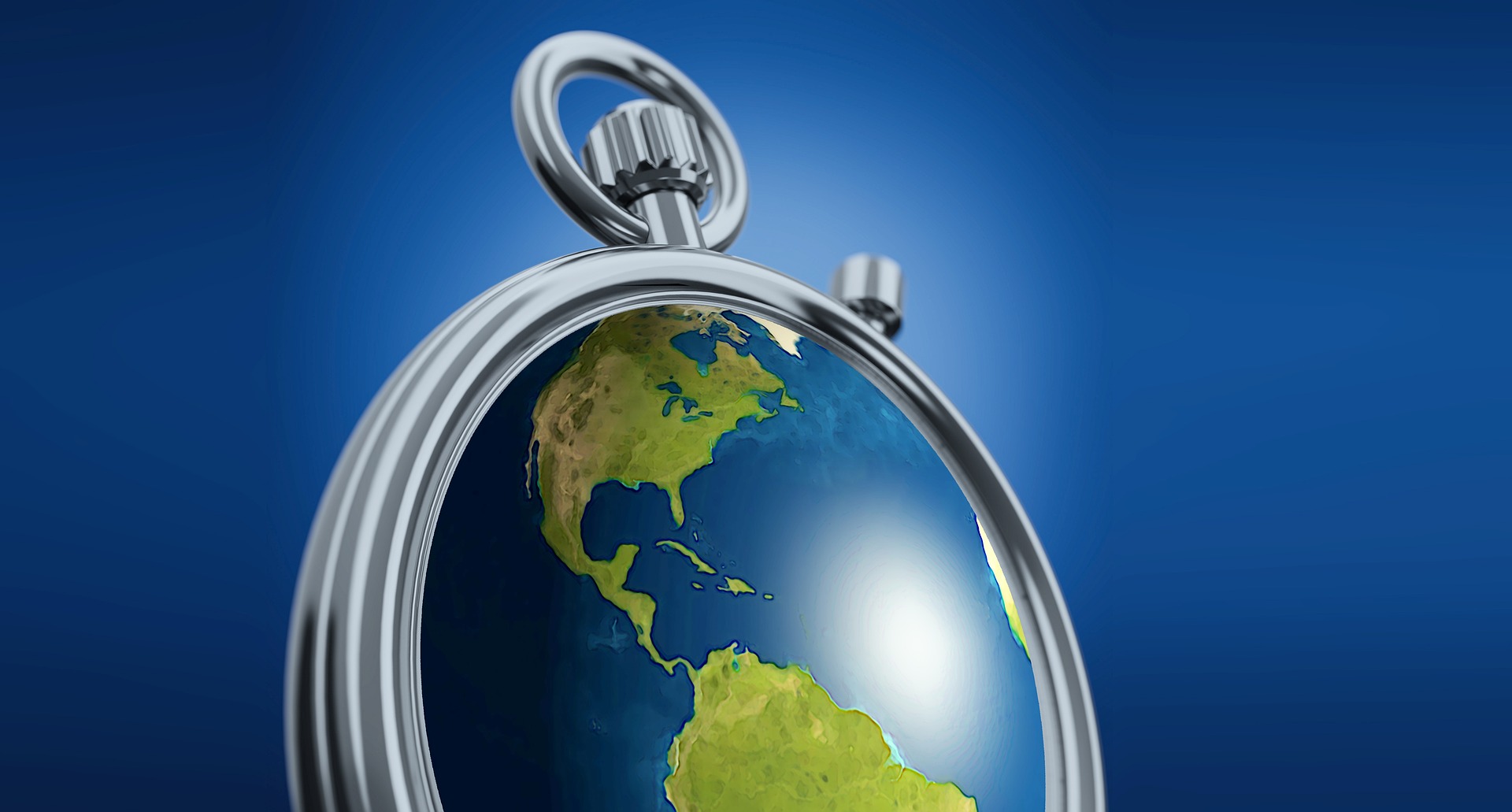 A graphic depicting an analog stopwatch with a 3-dimensional Earth globe as the watch face