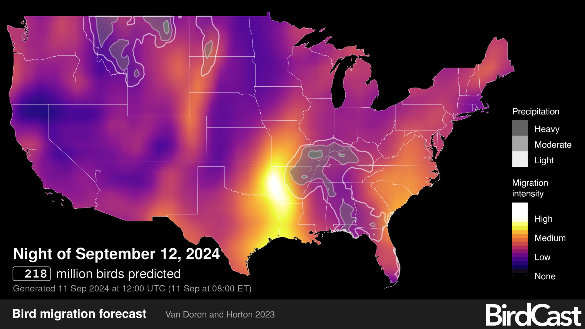 Map showing pattern of predicted upcoming bird migrations.