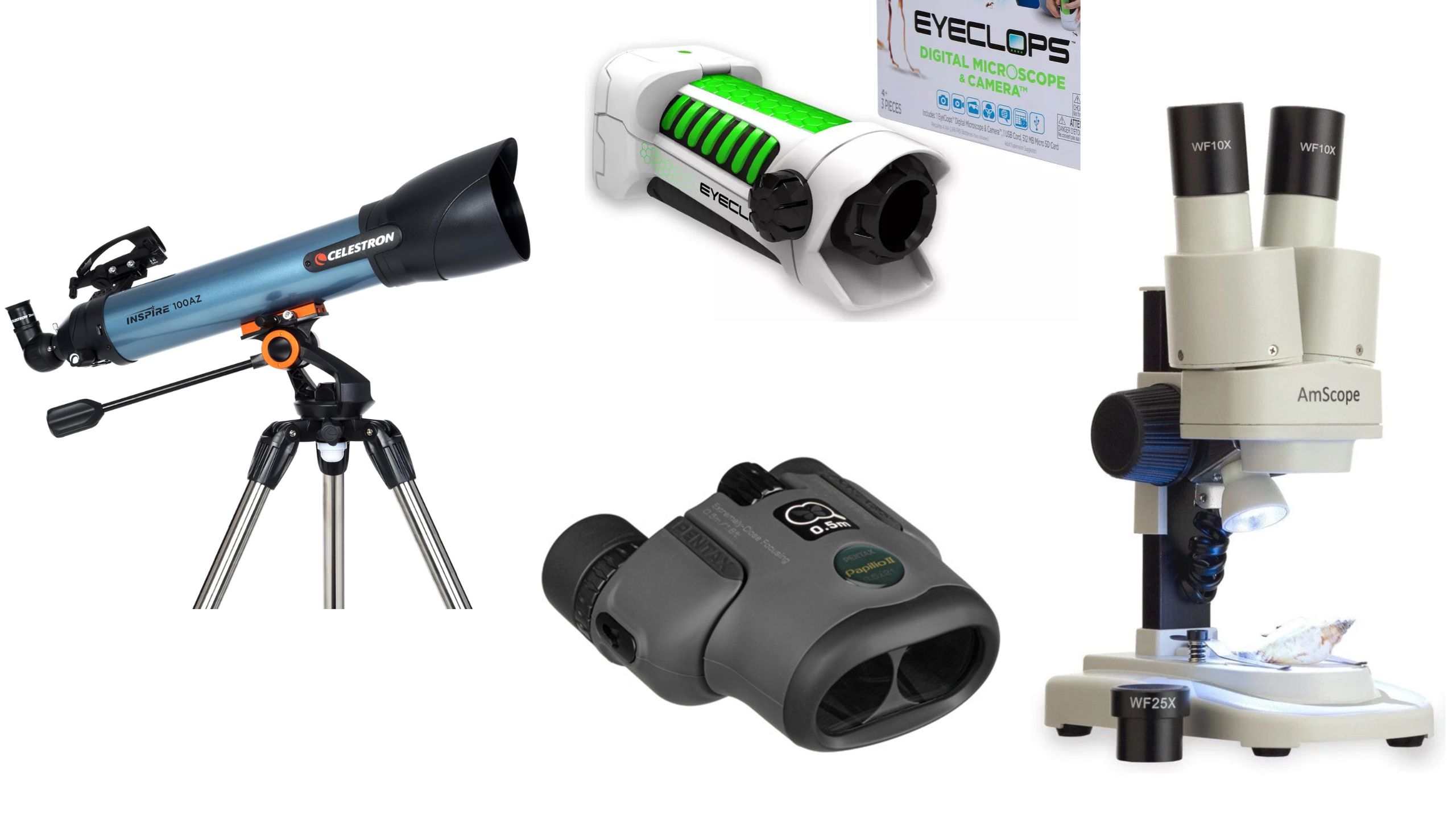 Four kinds of microscope/ telescope, including standard refractor telescope, stereo microscope, binoculars and a toy magnifier