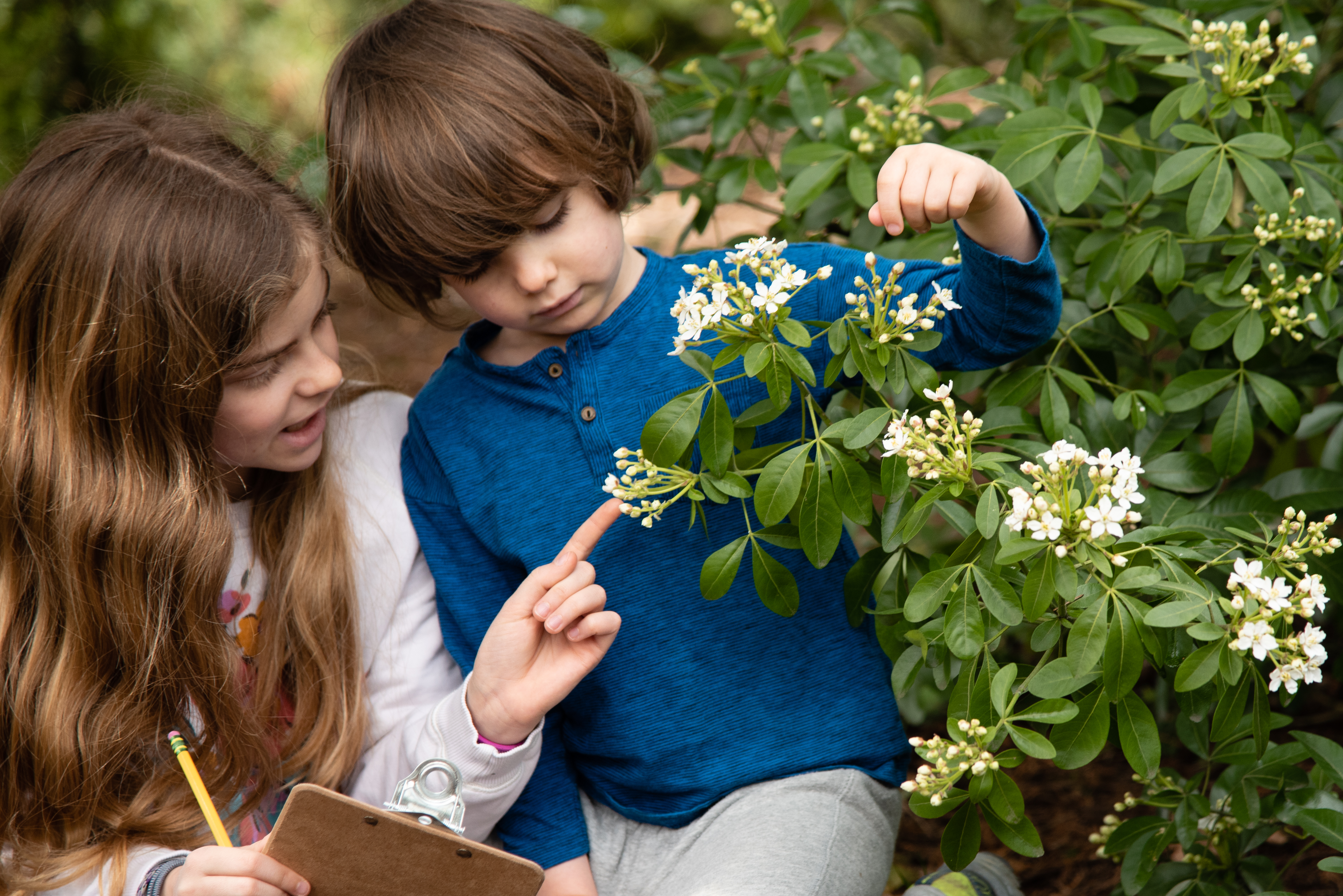 two kids pointing to a flower while doing data collection