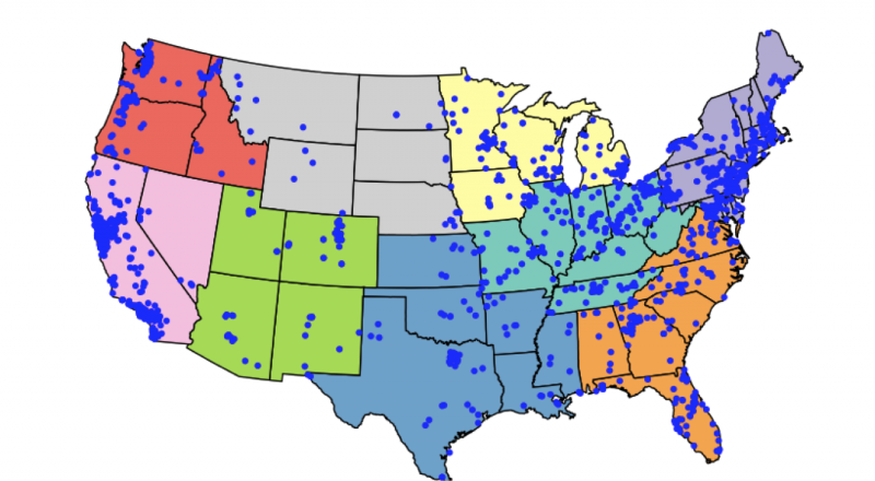 colorful map of North America with dots for participation instances