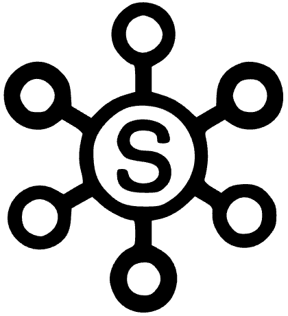 An "S" in a circle surrounded by 6 lines to connected circles