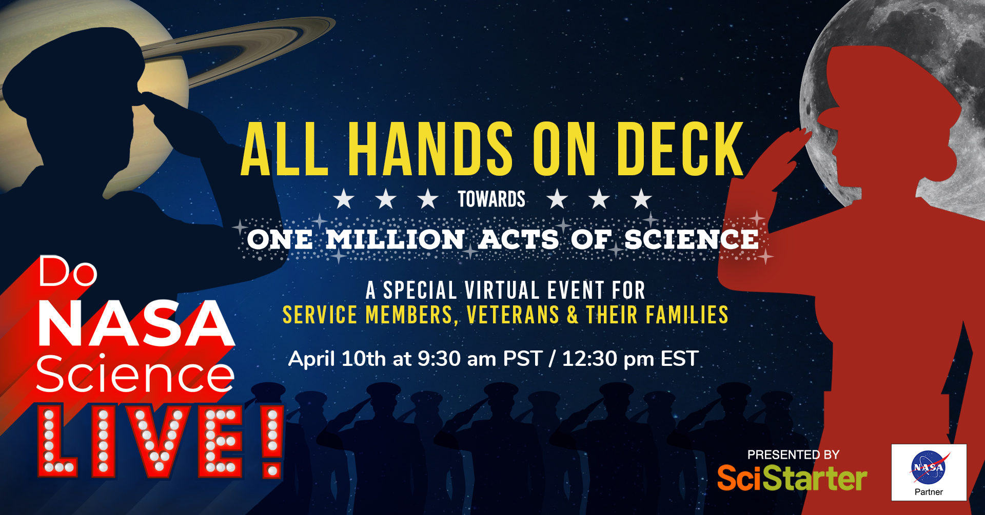 Two veterans saluting each other, with the Moon and Saturn in the background