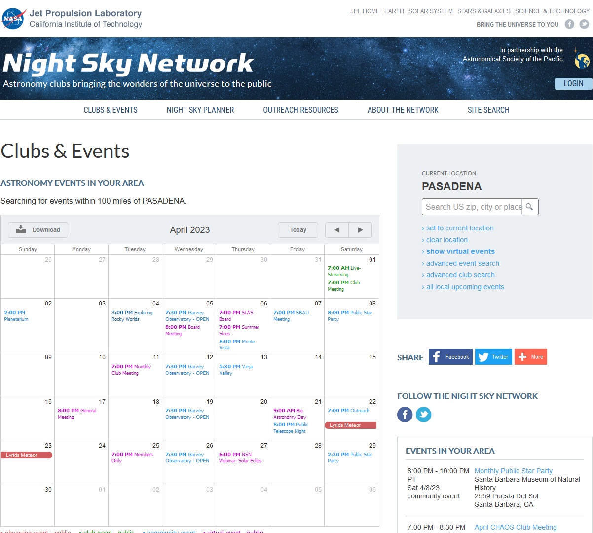 screenshot from the night sky network website page dedicated to clubs and events.