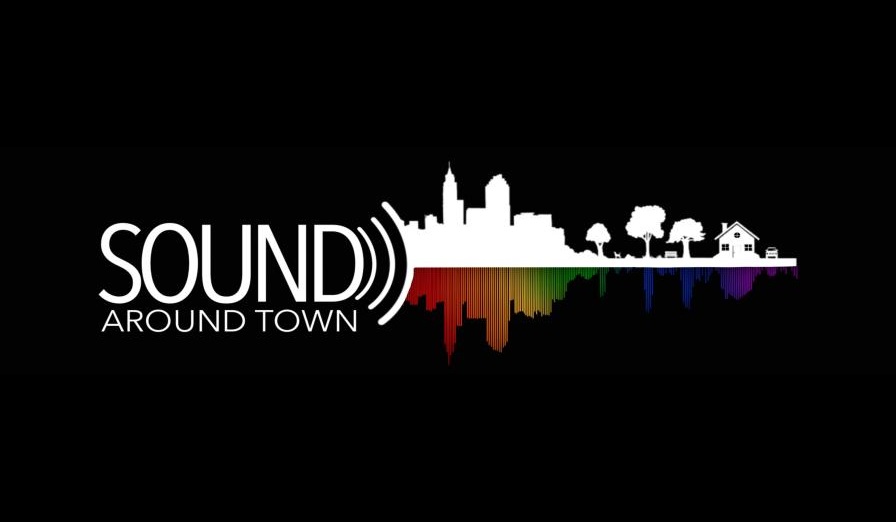 Logo for sound around town, features a skyline and a sound wave