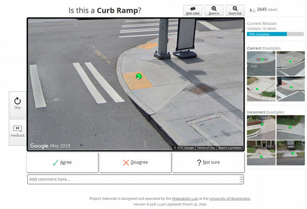 screenshot of the project sidewalk dashboard. It features an image of a cross walk and ramp and displays a set of labels you can give it.