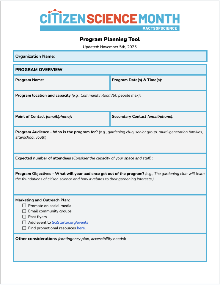 screenshot of the google doc template of a program planning tool