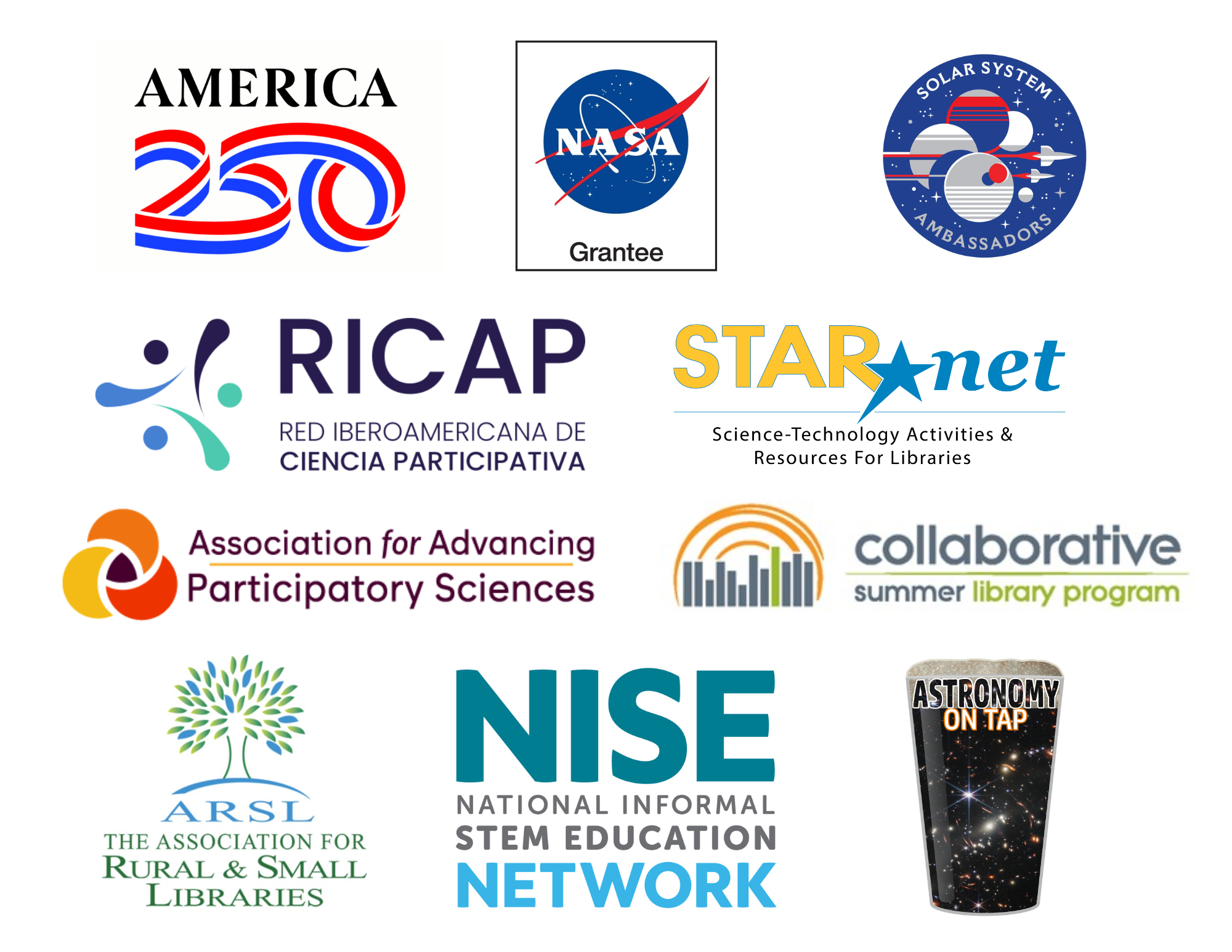 Logos for partners: America 250, NASA, Solar System AMbassadors, RICAP, Starnet, AAPS, CSLP, NISEnet, ARSL, Astronomy on Tap