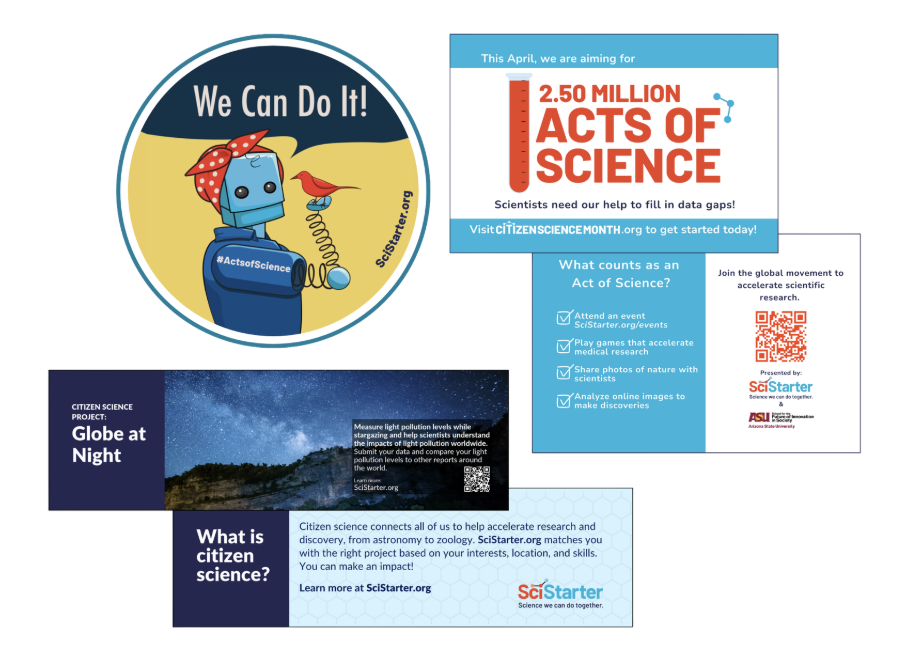 rosie the robot sticker, postcard for Acts of Science, bookmark example