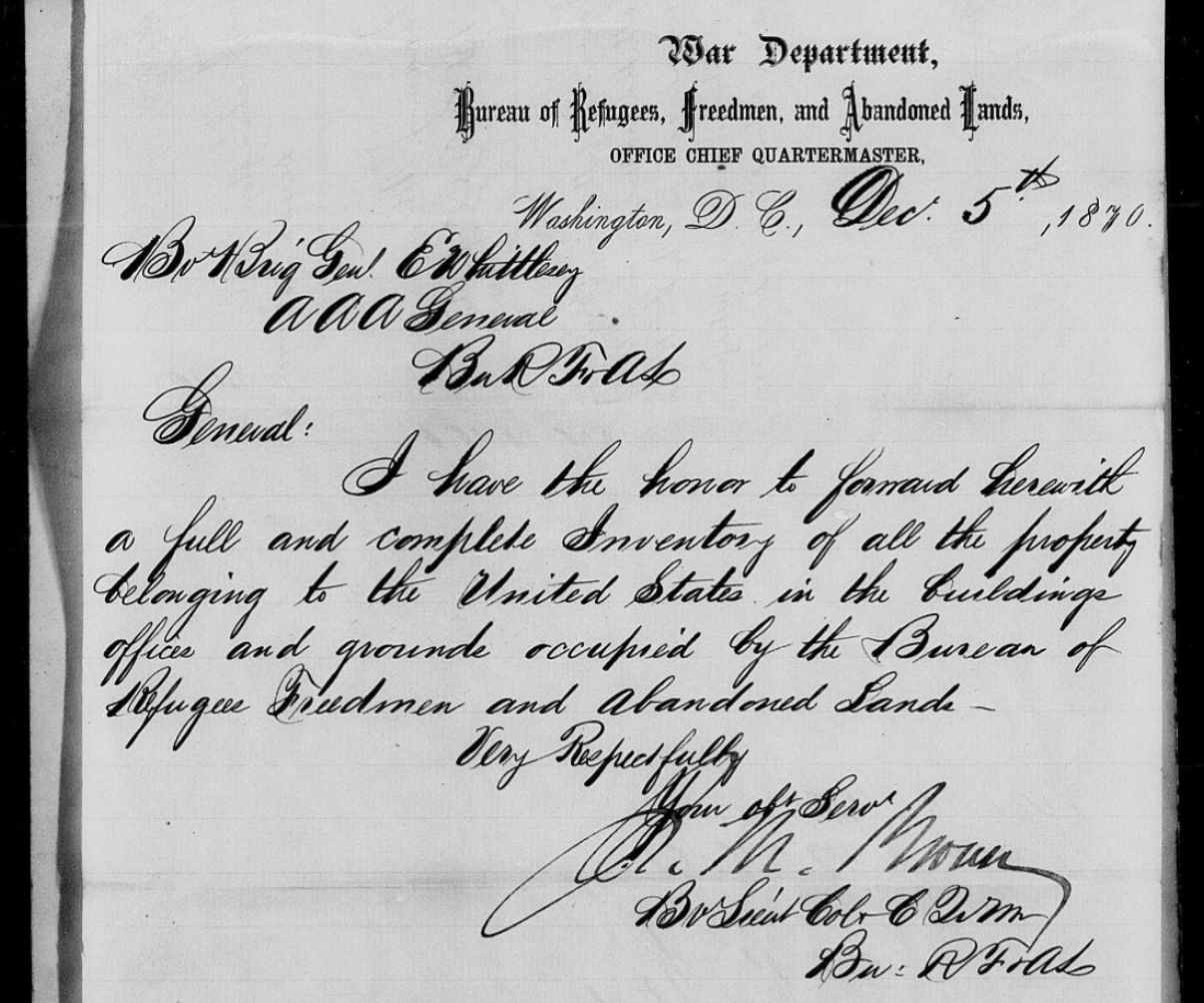 handwritten document about Freedmen's Bureau papers