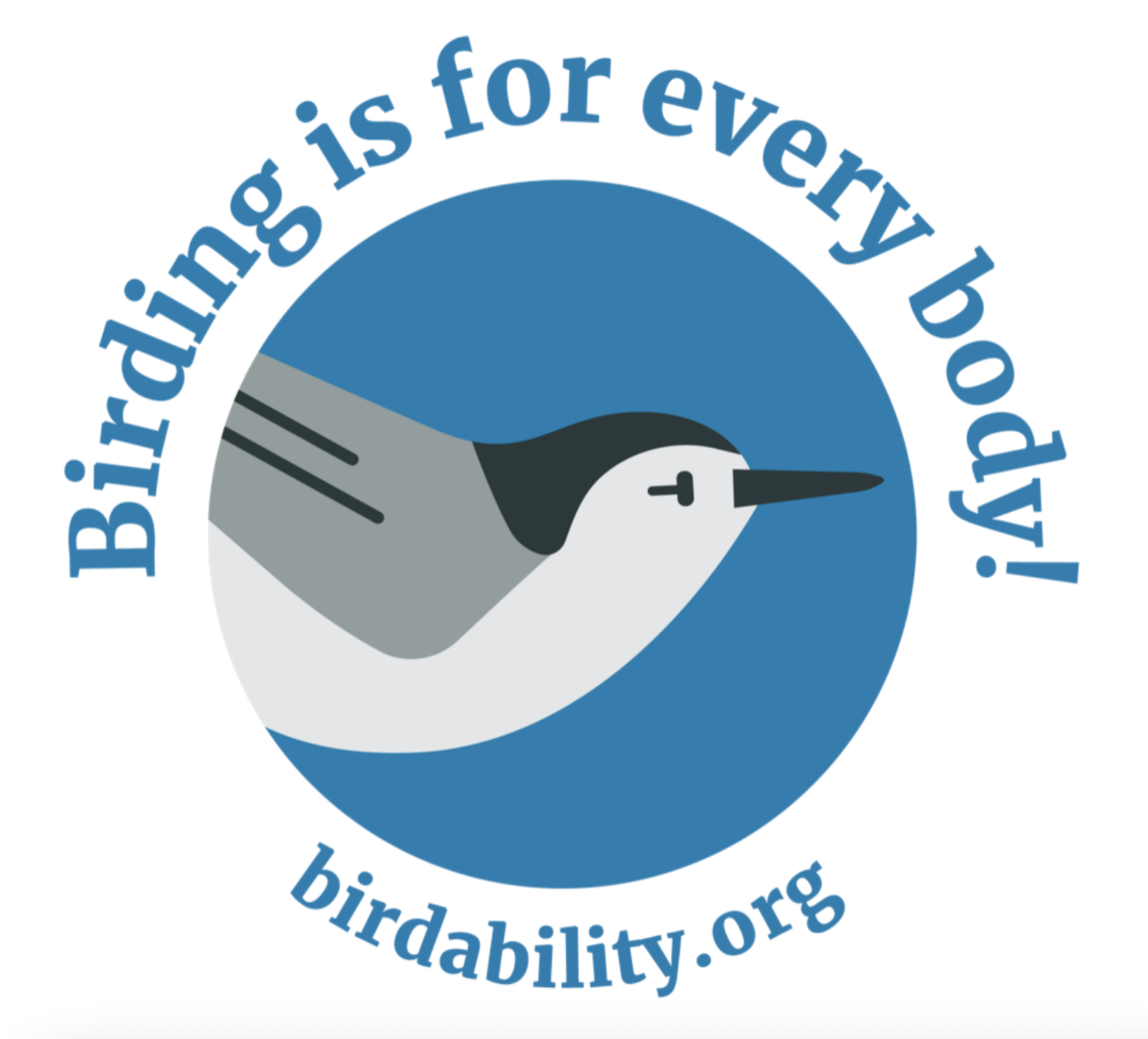 The phrase "Birding is for every body" arching around the Birdability logo, a white-breasted nuthatch