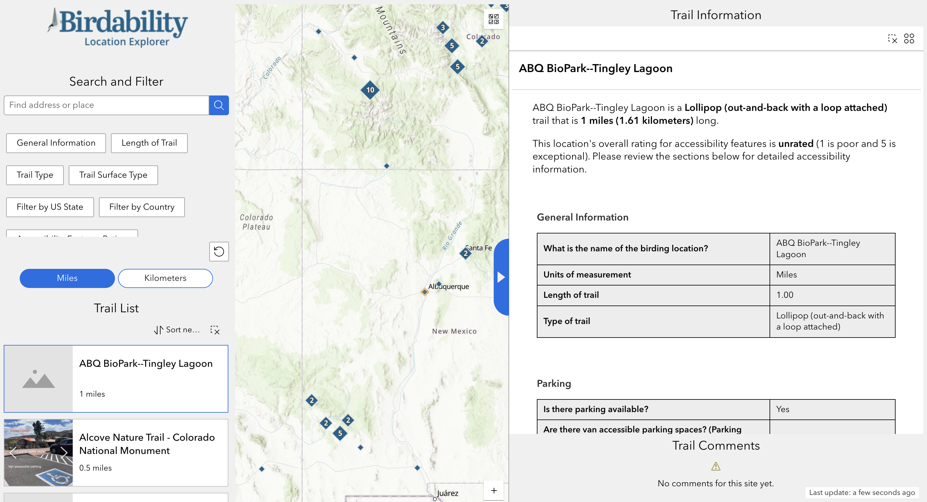 screen capture of the Birdability map. An example report is displayed from Albuquerque, New Mexico.