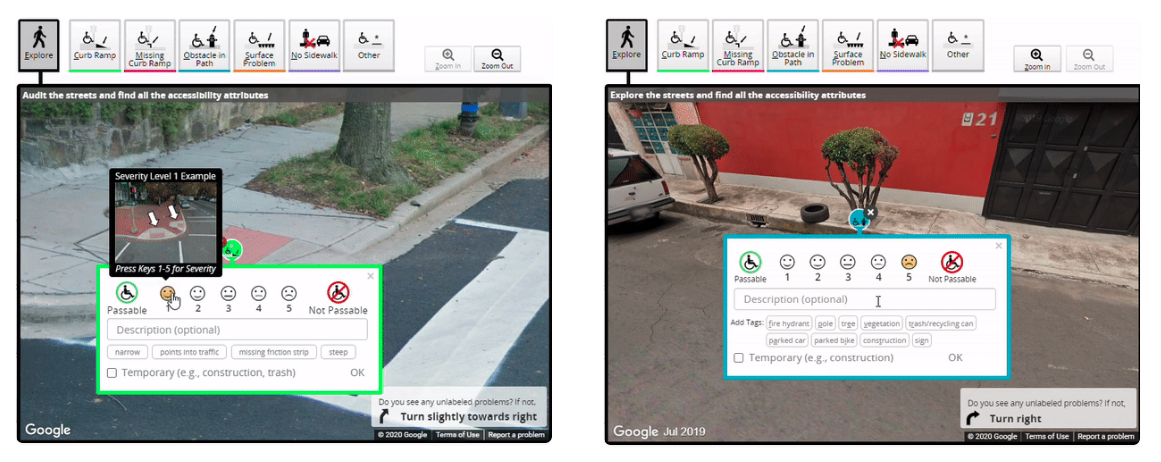 two examples of placing labels in the project interface of Project Sidewalk