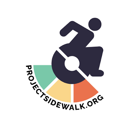 The logo for Project sidewalk, featuring the icon of a person in a wheelchair and colored blocks to illustrate movement across a pathway