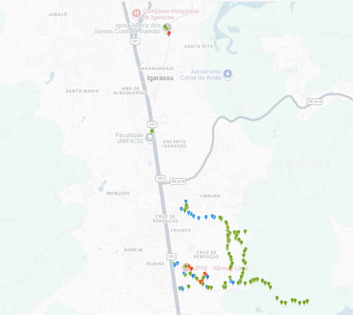 A regional and updated screenshot of the iNaturalist map interface for the "From Backyard to Space" project, showing the biological observations dataset expanding from the Historic Site and landmarks to the rural zones of the municipality of Igarassu, Pernambuco.