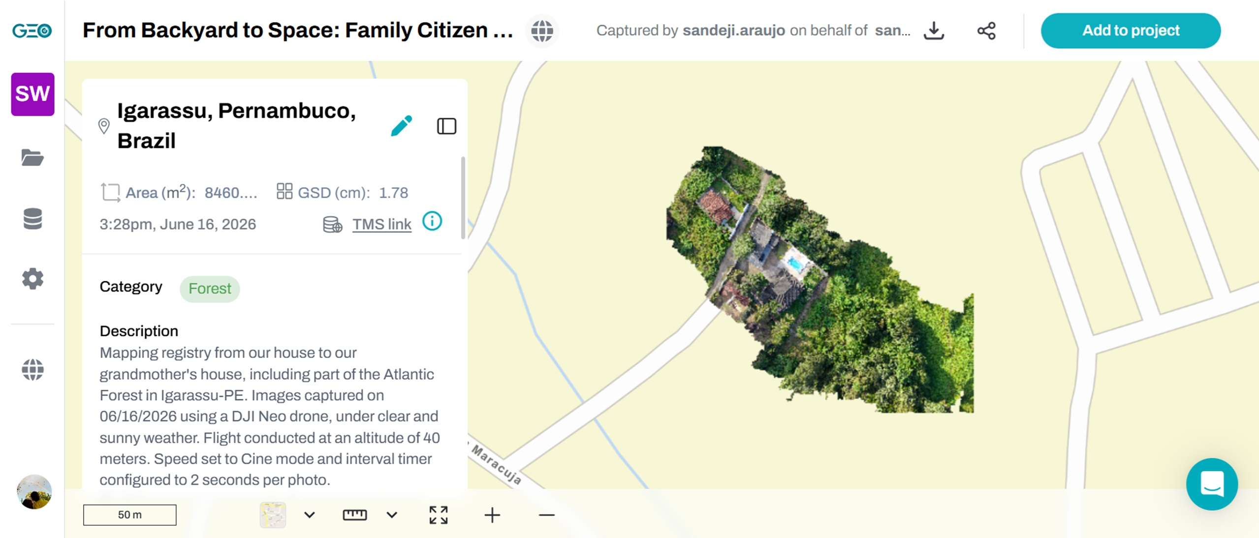 Aerial photogrammetry and technical metadata interface from GeoNadir showing the 8,460 m² orthomosaic cartographic dataset for the flight path in rural Igarassu, Pernambuco, confirming the 40-meter flight compliance parameters.